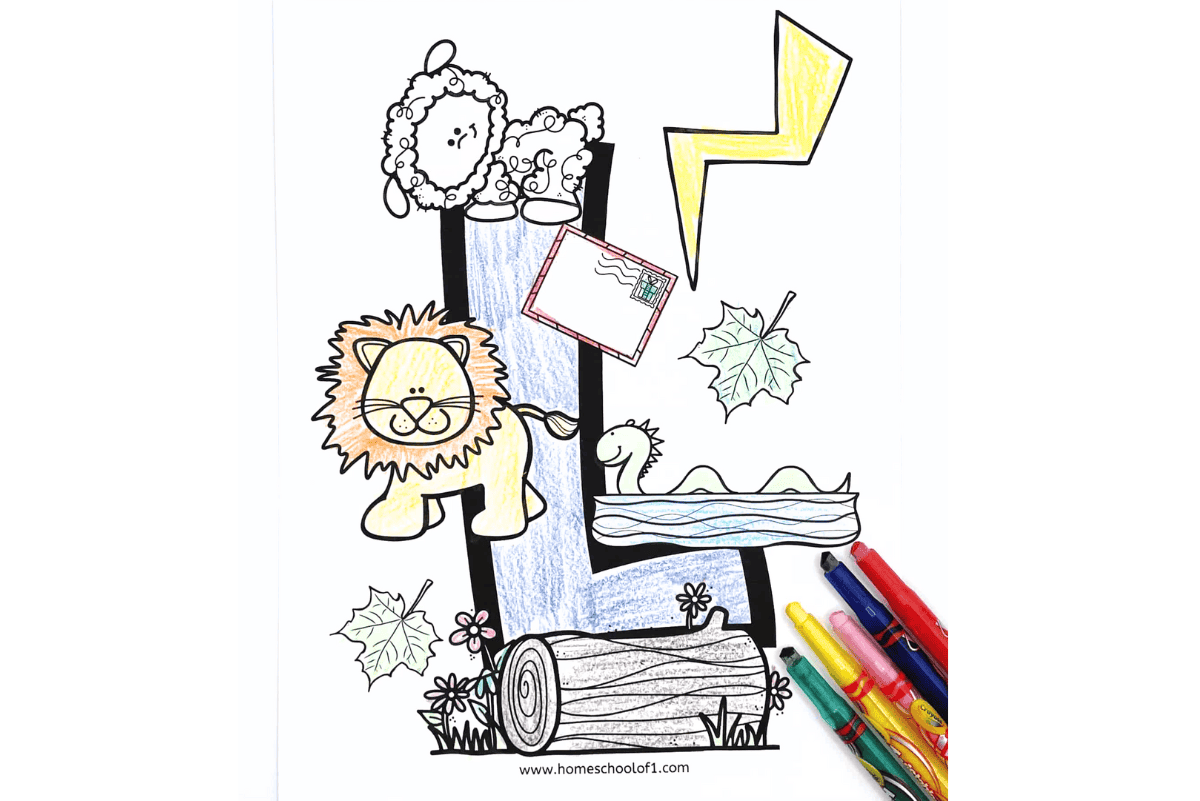 Letter L coloring sheet with uppercase letter L surrounded by a lion, lamb, log, lightning, leaf, letter, and Loch Ness Monster illustration.