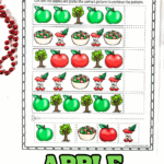 Printable apple patterns worksheet for kids with colorful apples, apple trees, and apple baskets to cut and paste into the correct sequence.