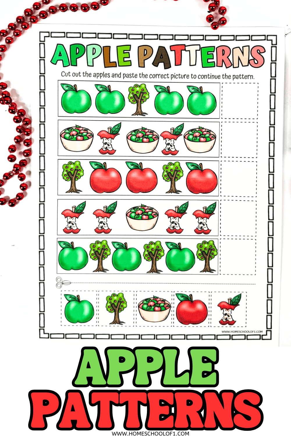 Printable apple patterns worksheet for kids with colorful apples, apple trees, and apple baskets to cut and paste into the correct sequence.
