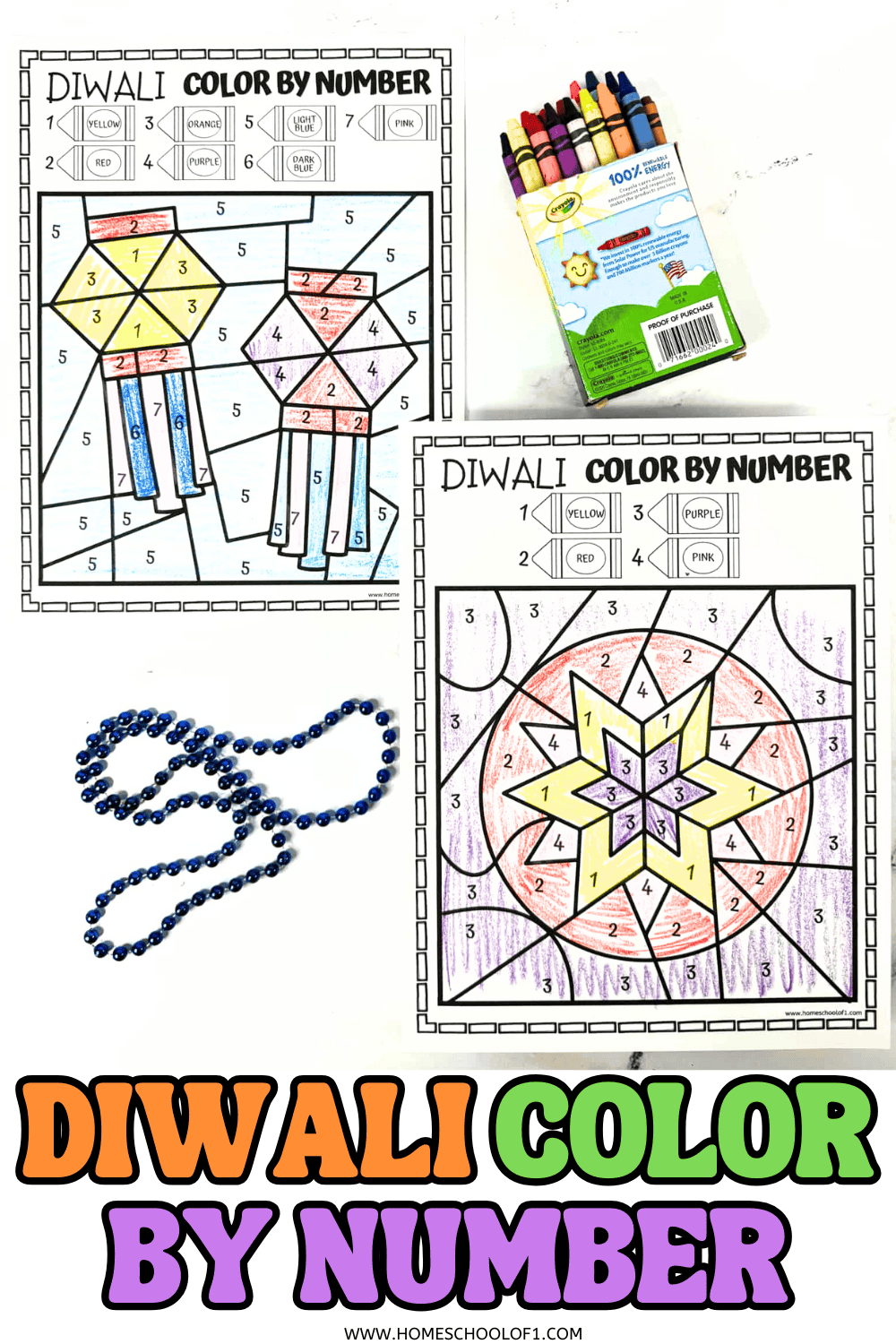 Two Diwali-themed color by number worksheets for kids featuring diyas and rangoli patterns, partially colored with crayons, with a box of Crayola crayons and a string of blue beads beside the pages.