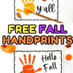 Printable fall handprint craft featuring “Happy Fall Y’all” and “Hello Fall” pages with colorful handprints, leaves, and paint bottles.