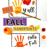 “Happy Fall Y’all” and “Hello Fall” handprint art pages with red and orange handprints, autumn leaves, and kids’ paintbrush craft setup.