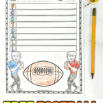 Printable football acrostic poem worksheet with illustrated football players and a large football to color