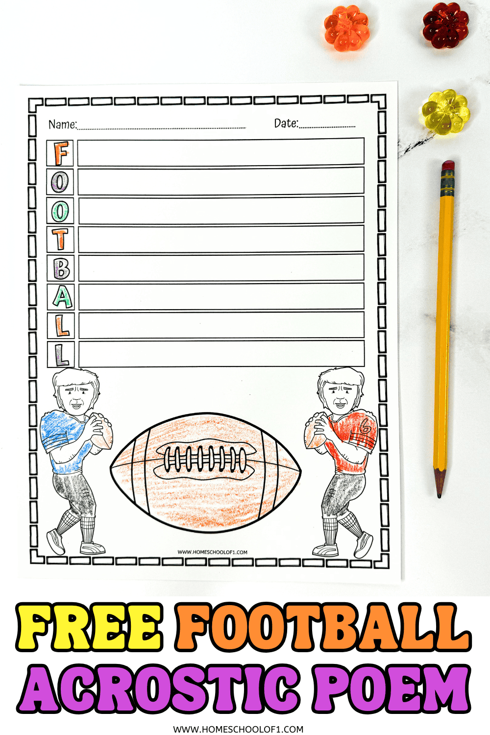 Printable football acrostic poem worksheet with illustrated football players and a large football to color

