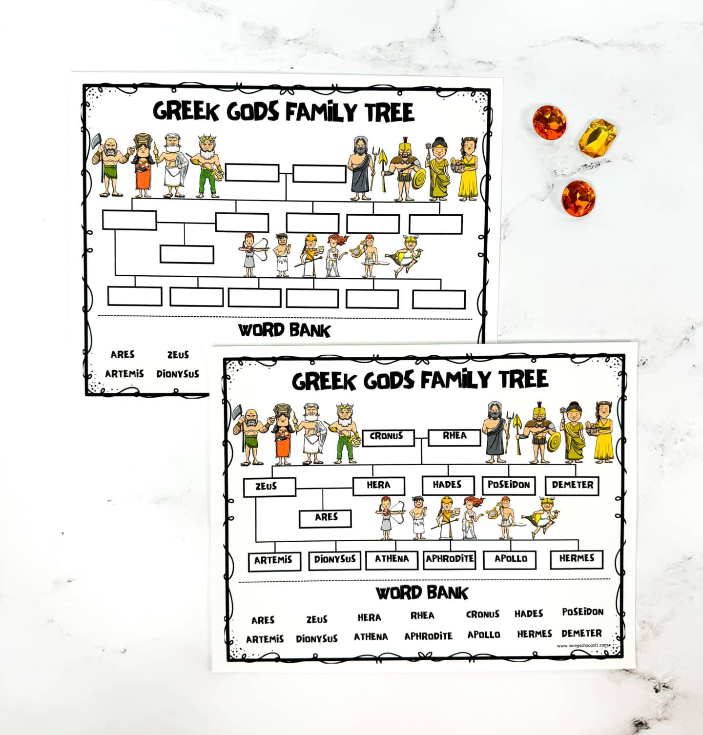 Two printable Greek gods family tree worksheets displayed on a marble surface, one blank and one completed. The completed worksheet shows cartoon illustrations of gods including Cronus, Rhea, Zeus, Hera, Hades, Poseidon, Demeter, and their children like Ares, Athena, and Hermes, organized in a genealogy format. A word bank is included at the bottom for labeling.

