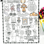 Free Halloween countdown calendar printable featuring 31 spooky images to color, including pumpkins, skeletons, and haunted houses.