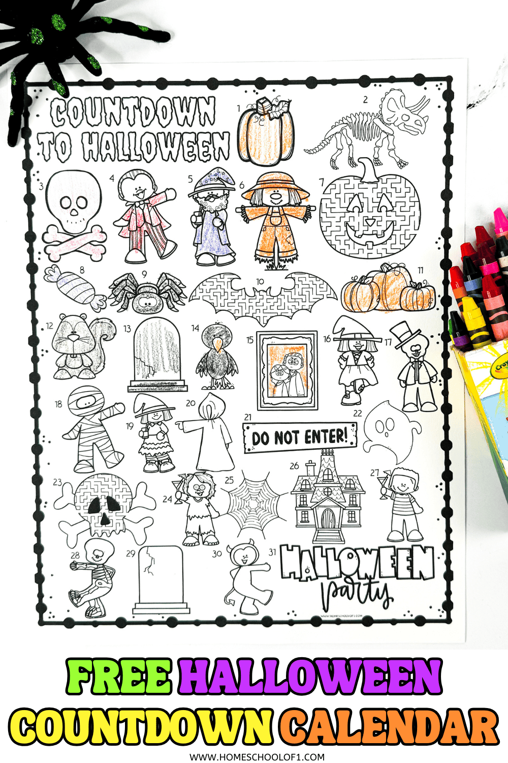 Free Halloween countdown calendar printable featuring 31 spooky images to color, including pumpkins, skeletons, and haunted houses.

