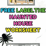 Color and black-and-white versions of the haunted house labeling worksheet with Halloween decor, featuring objects to label like a ghost, knight, and clock.