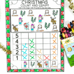 Christmas count and graph worksheet featuring festive images like Santa, reindeer, and kids with presents, completed and colored.