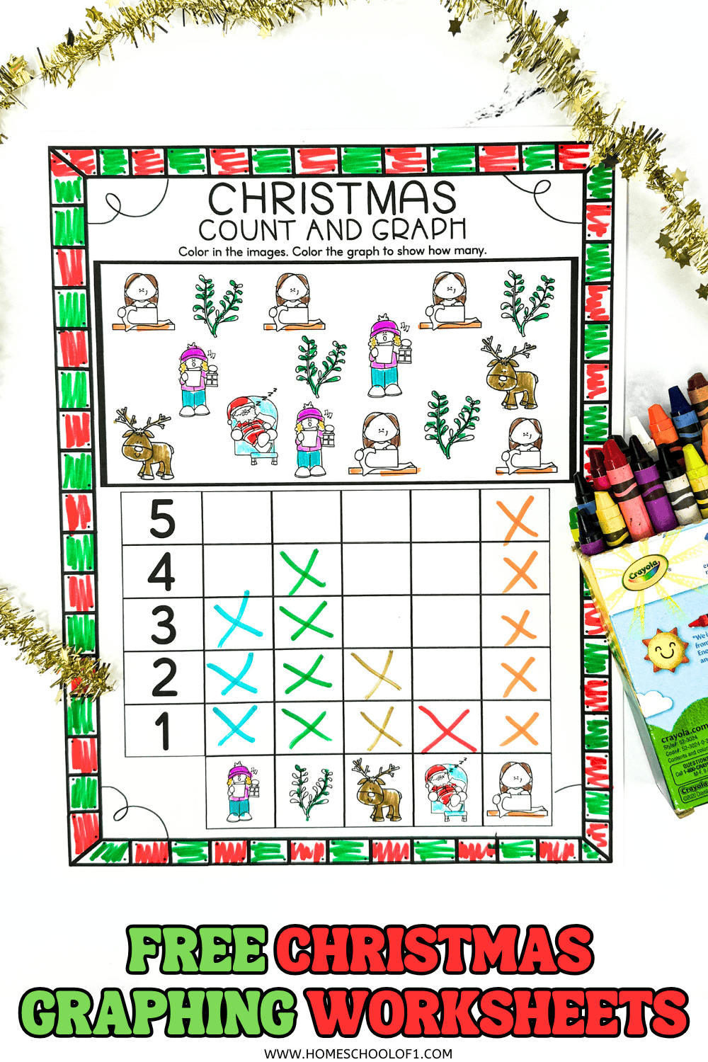 Christmas count and graph worksheet featuring festive images like Santa, reindeer, and kids with presents, completed and colored.