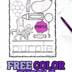 Free printable color purple worksheet featuring grapes, eggplant, balloon, candy, crayon, and octopus for preschoolers to color and trace the word “purple.”