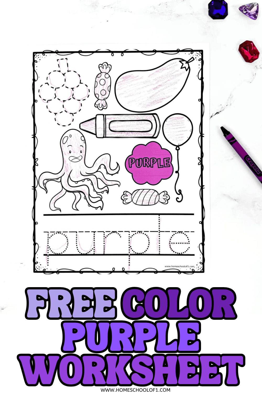 Free printable color purple worksheet featuring grapes, eggplant, balloon, candy, crayon, and octopus for preschoolers to color and trace the word “purple.”