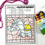 Diwali color by number worksheet featuring a decorated elephant, completed with crayons, shown with a box of Crayola crayons and pink beaded garland, labeled “Free Printable.”