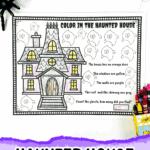 Free printable haunted house coloring page featuring a spooky house, 15 ghosts, and color-by-direction instructions.