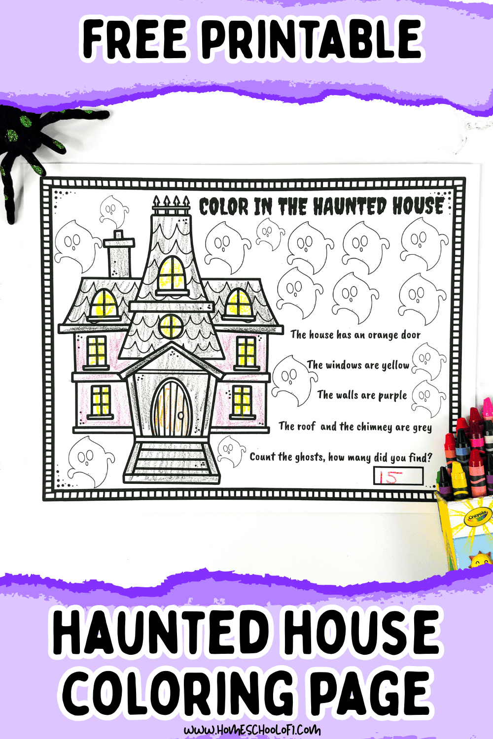 Free printable haunted house coloring page featuring a spooky house, 15 ghosts, and color-by-direction instructions.