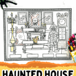 Black and white haunted house labeling worksheet for kids featuring a ghost, candlestick, fireplace, and suit of armor, with crayons and a fake spider prop.