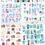 Free printable matching games for kids showing themed memory cards with planets, clothes, unicorns, and musical instruments.