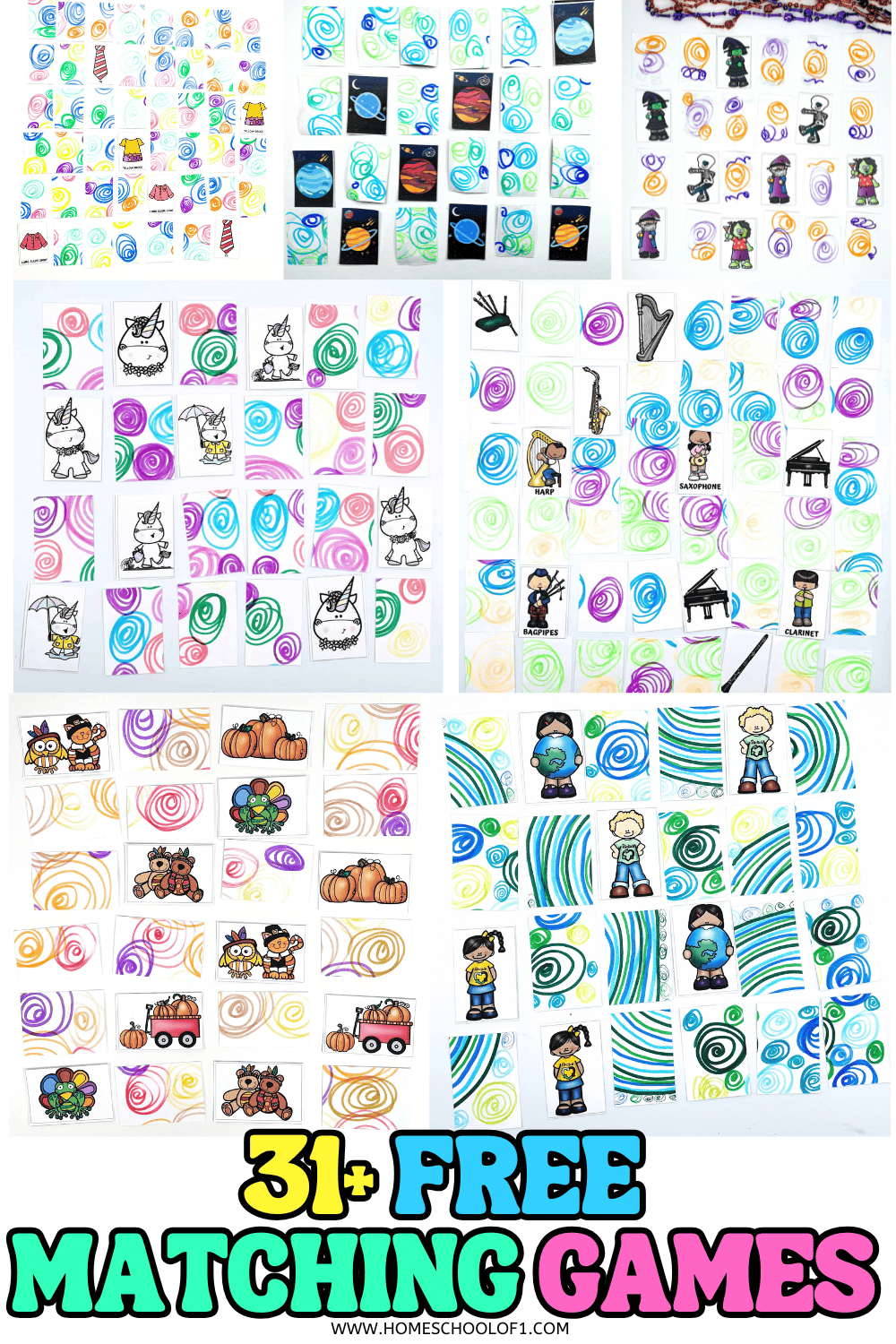 Free printable matching games for kids showing themed memory cards with planets, clothes, unicorns, and musical instruments.

