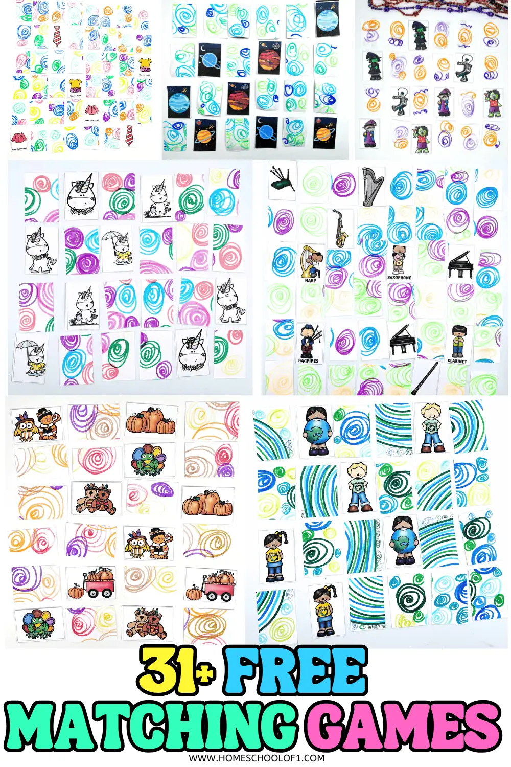 Free printable matching games for kids showing themed memory cards with planets, clothes, unicorns, and musical instruments.