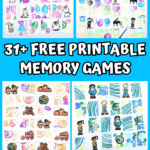 Printable memory games for kids with 31+ themed matching sets, including holidays, music, space, and unicorn cards.
