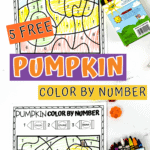 Two pumpkins colored by number in yellow, green, and orange with crayons and plastic fall decorations nearby.