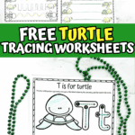 Set of free turtle tracing worksheets with various line tracing and turtle-themed handwriting activities.