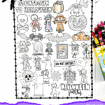 Halloween countdown coloring page with 31 themed images for kids to color, perfect for tracking the days until Halloween.