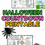 Printable Halloween countdown page with 31 boxes to color, showing spooky characters and Halloween-themed puzzles.
