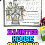 Haunted house coloring sheet for Halloween with orange door, purple walls, and ghost counting activity.
