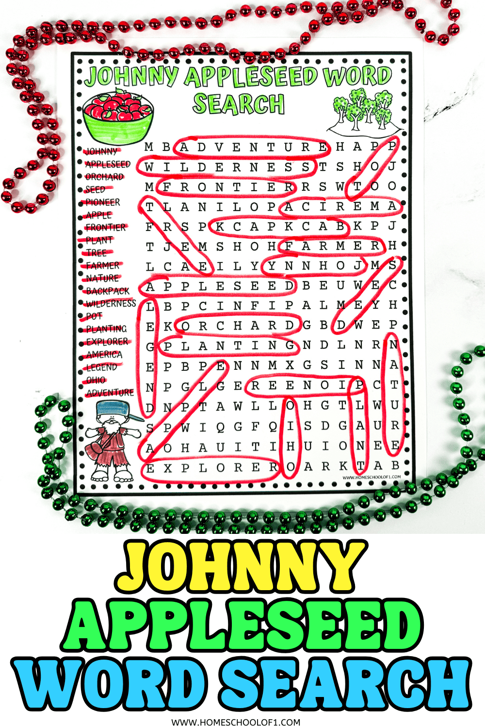 Colorful Johnny Appleseed word search printable featuring themed words like "orchard," "explorer," and "planting" in a fun activity sheet.