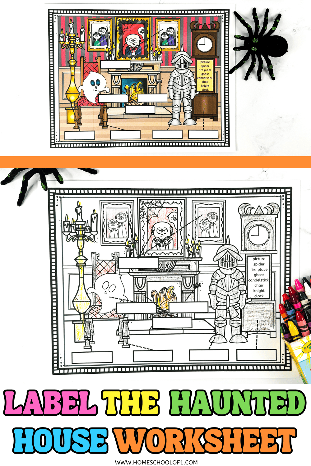Printable haunted house labeling worksheet in full color and black-and-white with spooky classroom objects including a ghost, candlestick, and grandfather clock.