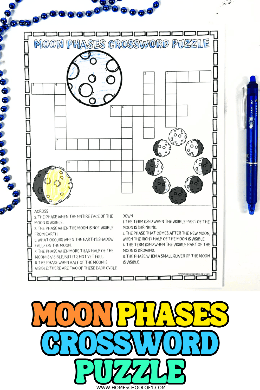 Free moon phases crossword puzzle worksheet with clues and illustrations of the lunar cycle for kids to solve.