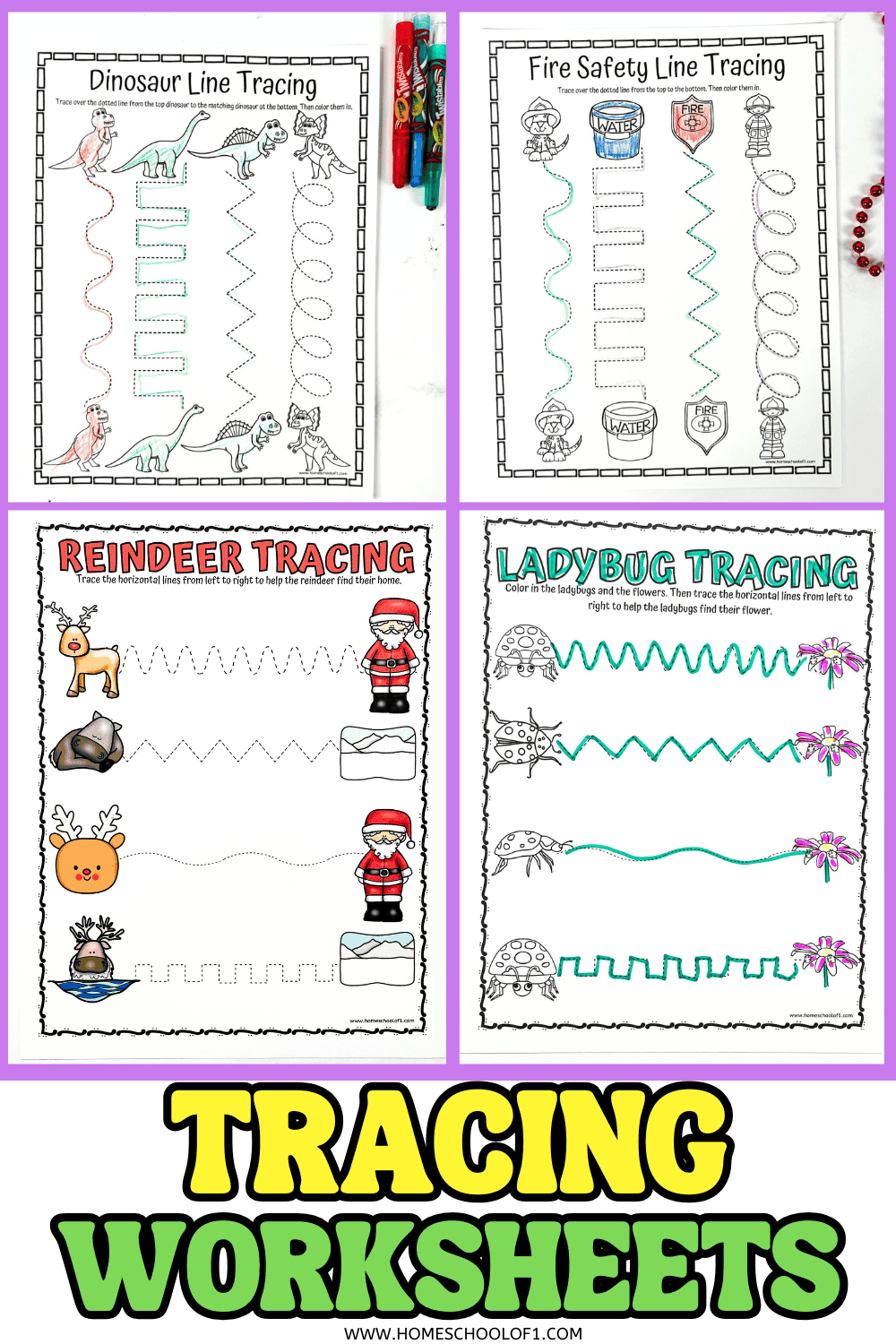 Printable tracing worksheets for preschool featuring dinosaur, fire safety, reindeer, and ladybug line tracing activities to build fine motor skills.

