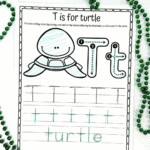 T is for turtle tracing worksheet with letter T handwriting practice and turtle coloring for preschoolers.