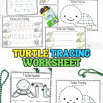Printable turtle tracing worksheet set with line tracing, letter T practice, and turtle coloring activities for preschoolers.