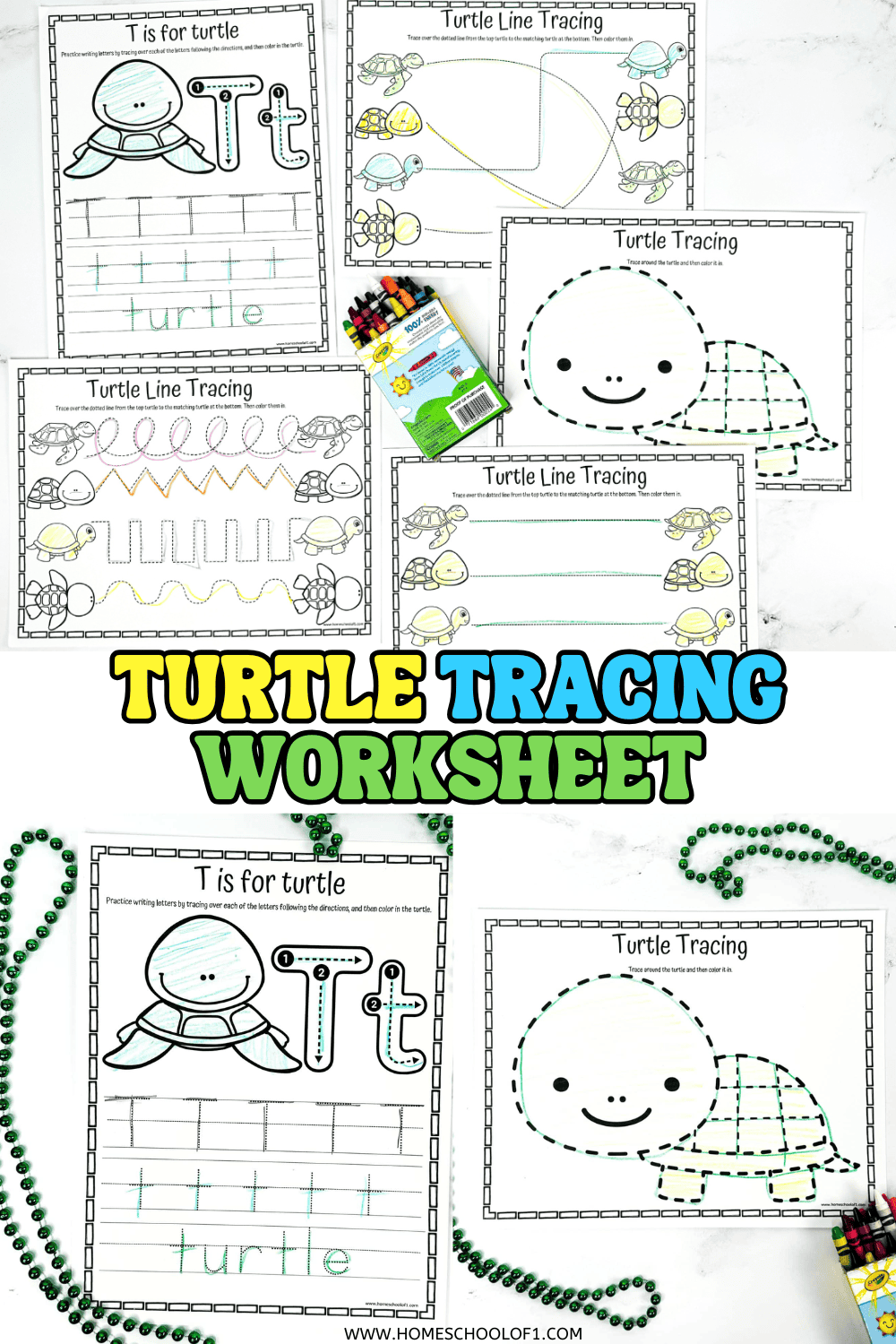 Printable turtle tracing worksheet set with line tracing, letter T practice, and turtle coloring activities for preschoolers.
