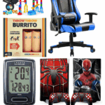 Gift ideas for 10 year old boys including marble run, gaming chair, Spider-Man PS5 skin, bike computer, and Throw Throw Burrito game.