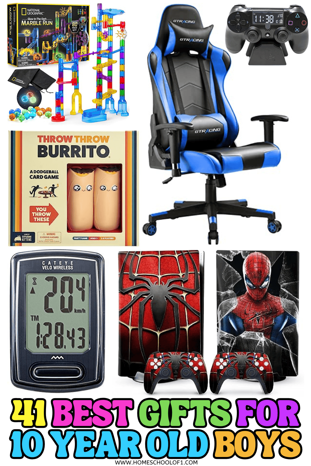 Gift ideas for 10 year old boys including marble run, gaming chair, Spider-Man PS5 skin, bike computer, and Throw Throw Burrito game.







