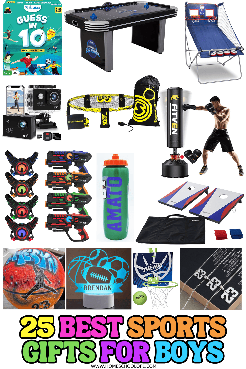 Sports gifts for boys including Spikeball, laser tag, air hockey, arcade hoops, and a custom water bottle.

