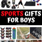 Gift ideas for sporty boys like boxing gear, dartboard, putting green, custom signs, and laser tag sets.