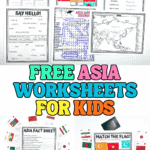 Free Asia worksheets for kids featuring a map of Asia, flag matching activity, word search, word scramble, fact sheet, and โsay helloโ language worksheet.