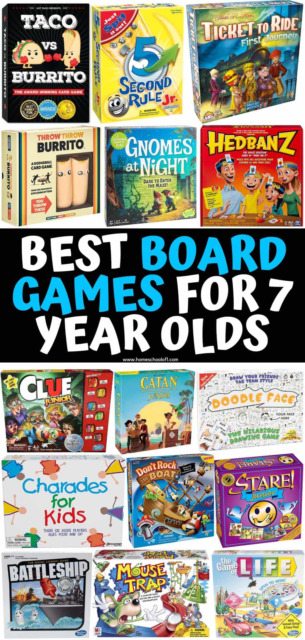 Collage of colorful board game boxes with the title “Best Board Games for 7 Year Olds” in bold black, white, and blue text. Featured games include Taco vs Burrito, 5 Second Rule Jr., Ticket to Ride: First Journey, Throw Throw Burrito, Gnomes at Night, Hedbanz, Clue Junior, Catan Junior, Doodle Face, Charades for Kids, Don’t Rock the Boat, Stare! Junior, Battleship, Mouse Trap, and The Game of Life. The image showcases a variety of engaging and age-appropriate games for young children.