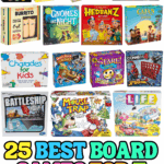 Collage of the best board games for 7 year olds, featuring colorful game boxes like Taco vs Burrito, Clue Junior, and Ticket to Ride.