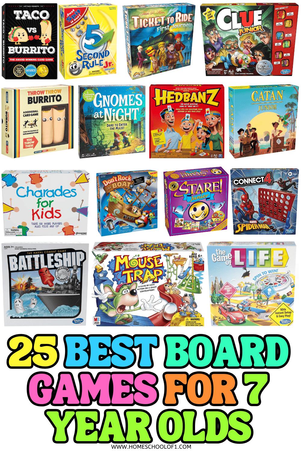 Collage of the best board games for 7 year olds, featuring colorful game boxes like Taco vs Burrito, Clue Junior, and Ticket to Ride.