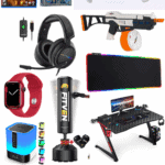 Collage of cool and practical gifts for 13 year old boys including gaming gear tech gadgets and fun sports equipment.