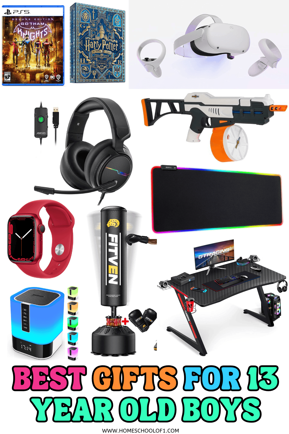 Collage of cool and practical gifts for 13 year old boys including gaming gear tech gadgets and fun sports equipment.