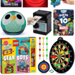 Collage of over 40 best gifts for 9 year old boys including a glowing basketball, 3D pen, LEGO Gear Bots, dart board, and Galaxy Game Cube.