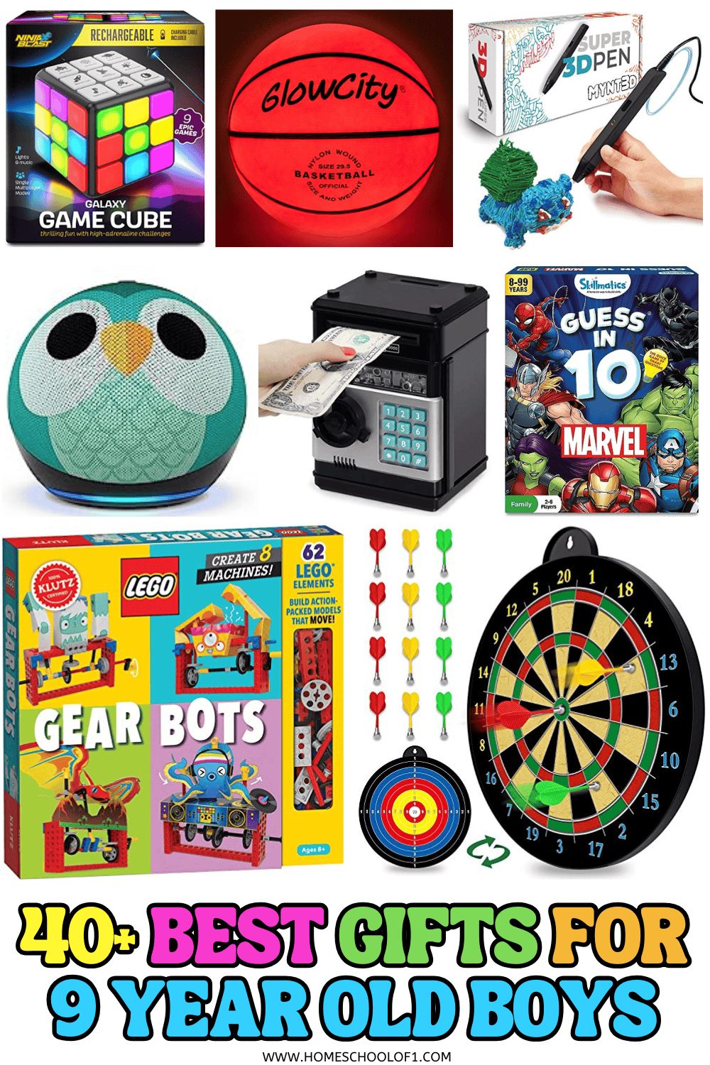 Collage of over 40 best gifts for 9 year old boys including a glowing basketball, 3D pen, LEGO Gear Bots, dart board, and Galaxy Game Cube.

