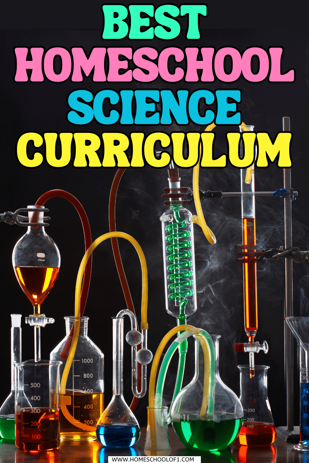 Homeschool science lab setup with colorful beakers and glassware representing hands-on homeschool science curriculum options.