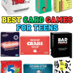 A colorful collage titled “Best Card Games for Teens,” featuring popular party and card games arranged in a grid layout. Games shown include “Muffin Time,” “Linkee,” “Taco Cat Goat Cheese Pizza,” “Taboo,” “You’ve Got Crabs,” “Bad People,” “5 Second Rule,” “Exploding Kittens: Recipes for Disaster,” and “Cards Against Humanity: Family Edition.” Each box is clearly displayed with bold, eye-catching design and game age recommendations visible.